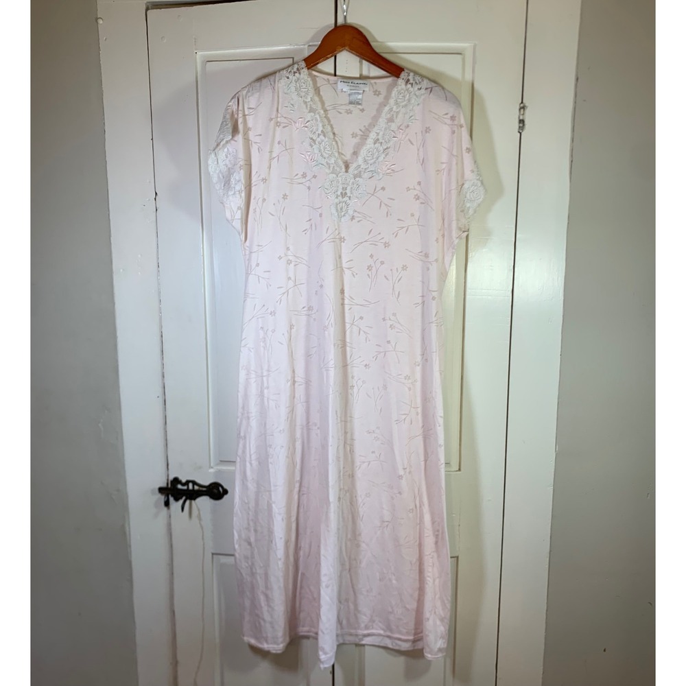 Miss Elaine Classics Pink Floral Lace Trim V-Neck Nightgown Sleep Dress Large